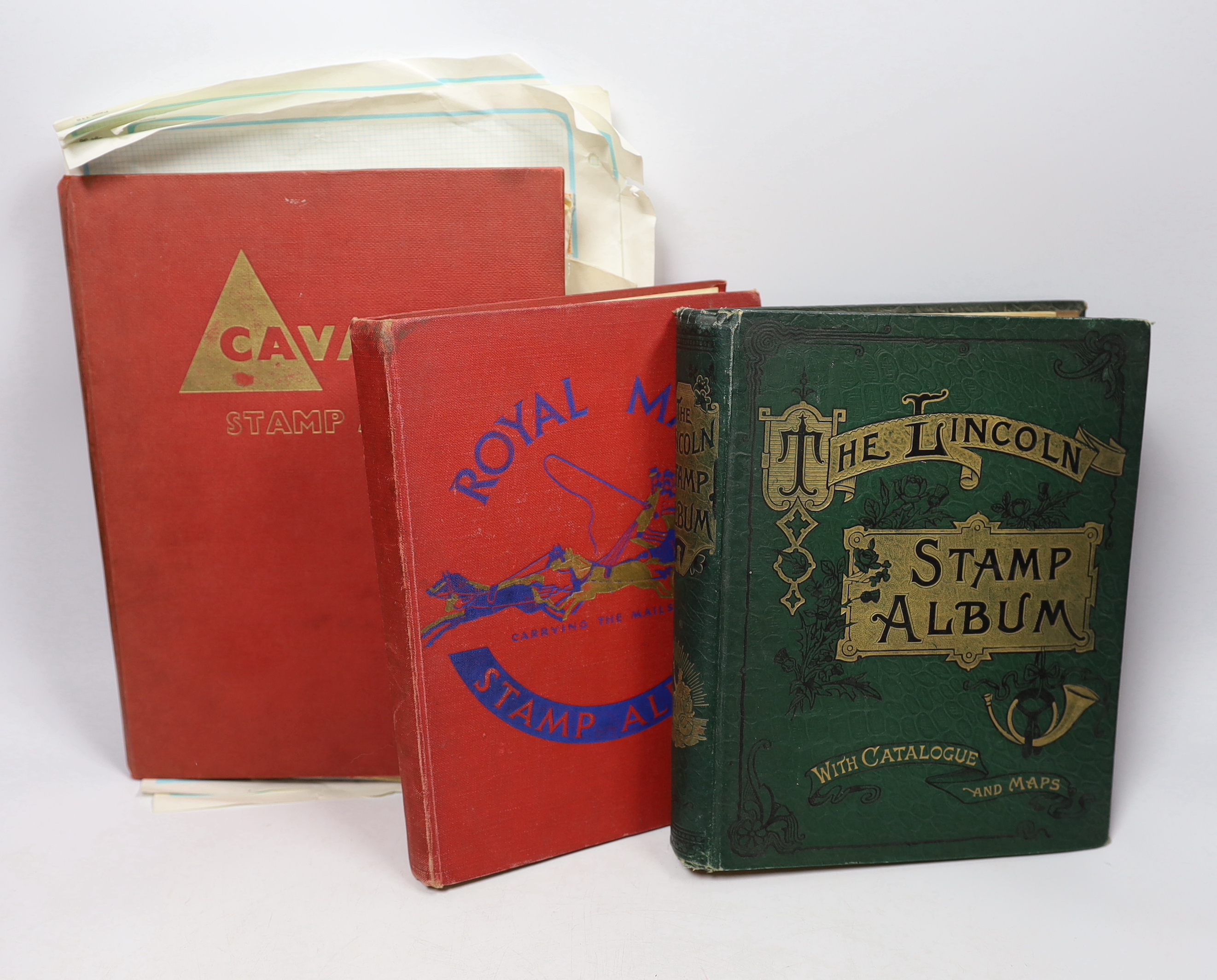 A Lincoln Stamp Album, sparsely mounted with an all world accumulation of late 19th/early 20th century all world issues; a Royal Mail stamp album, one other and two mounted blocks of Australian Test Cricket Centenary (18